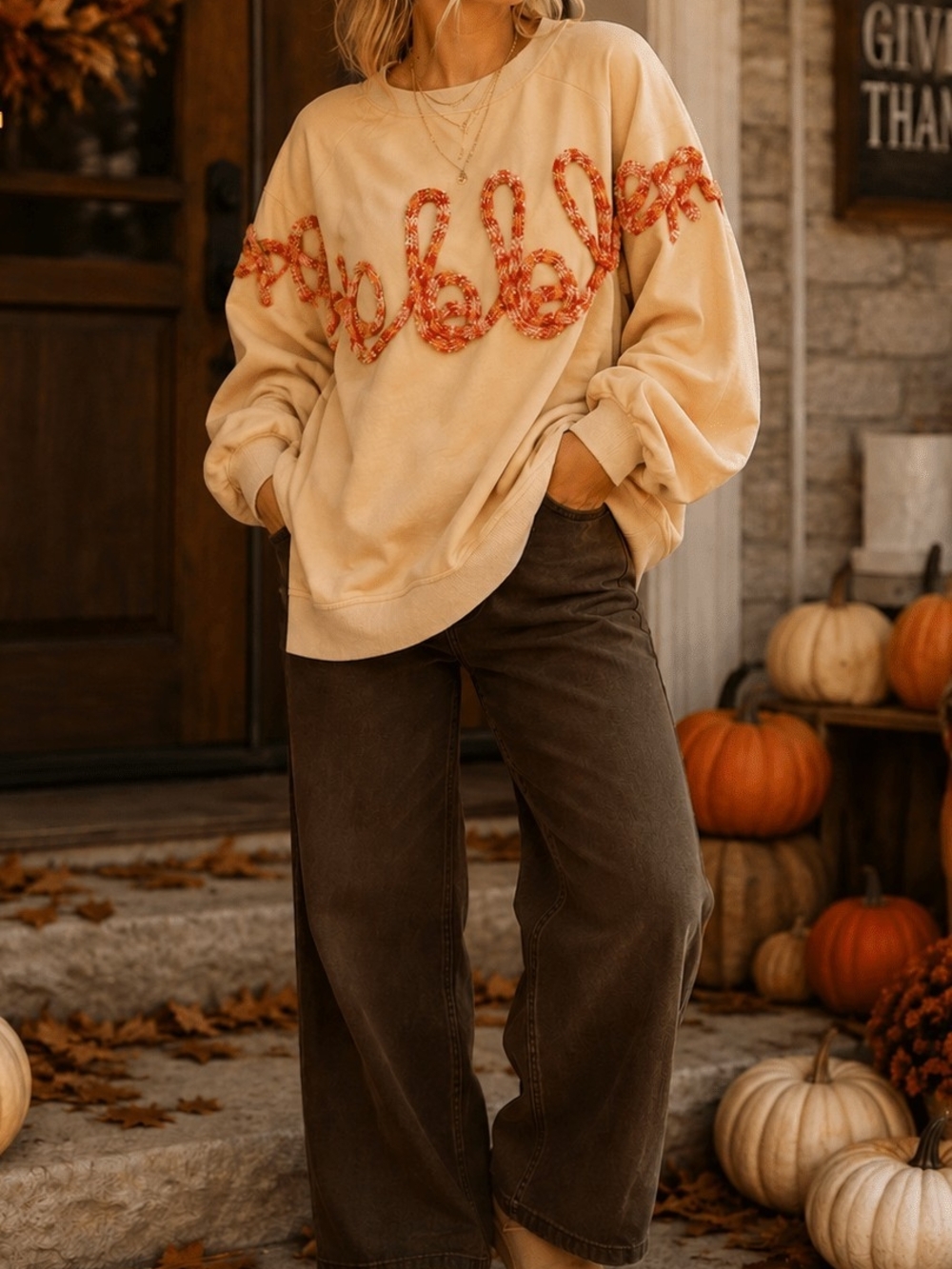 1-0914 "GOBBLE" THANKSGIVING Cream Embroidered Pullover Cotton Blend Sweatshirt